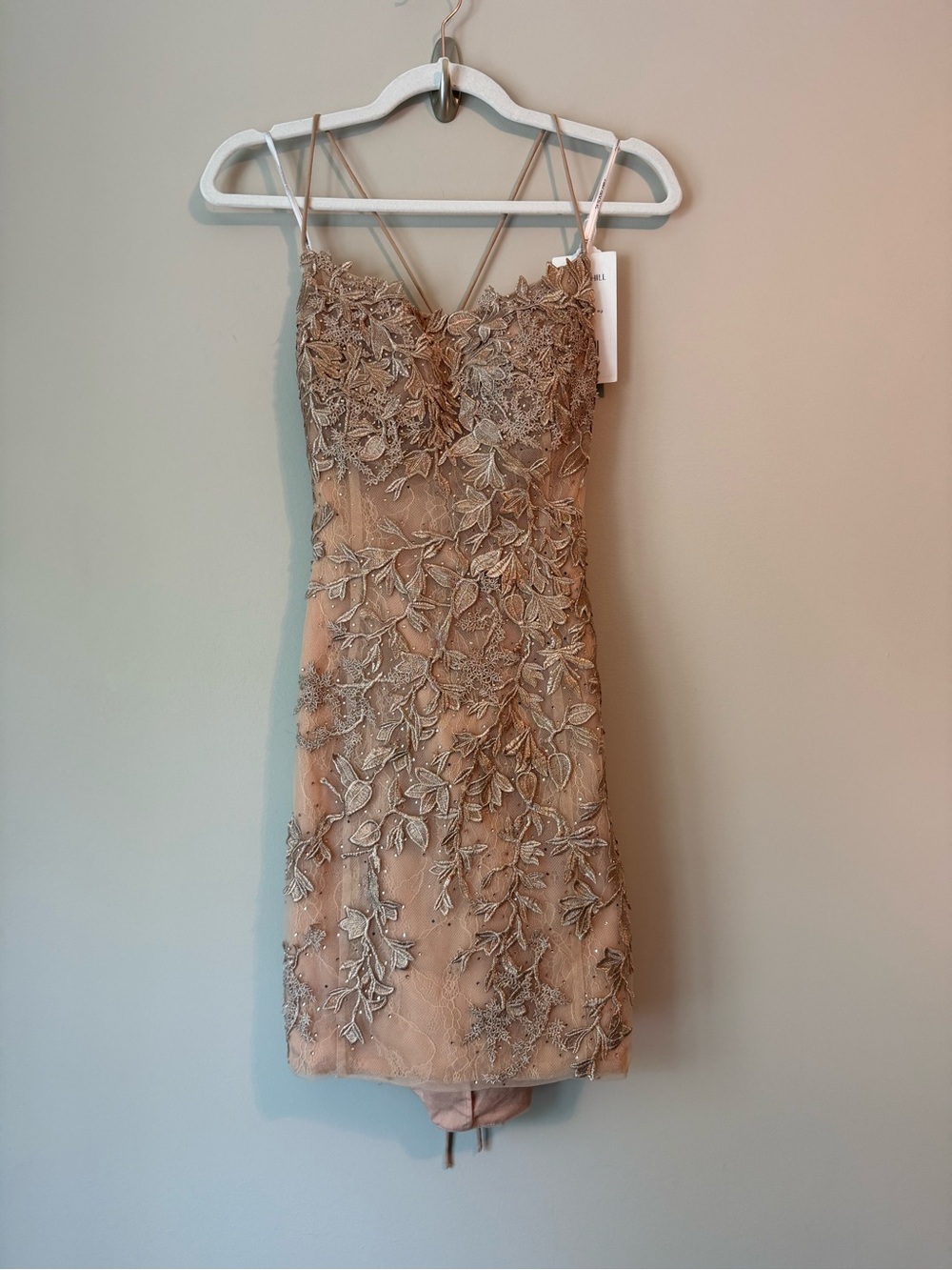 Sherri Hill Style 53151 Gold Embellished Lace Mini Dress Sz 10 NWT
